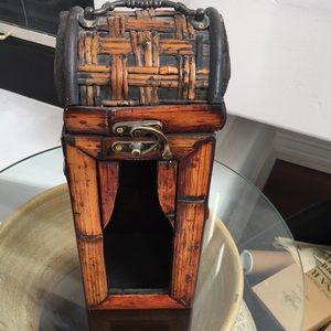 Vintage Asian Style Bamboo Wood & Wicket Wine Liquor Bottle Holder Display Box